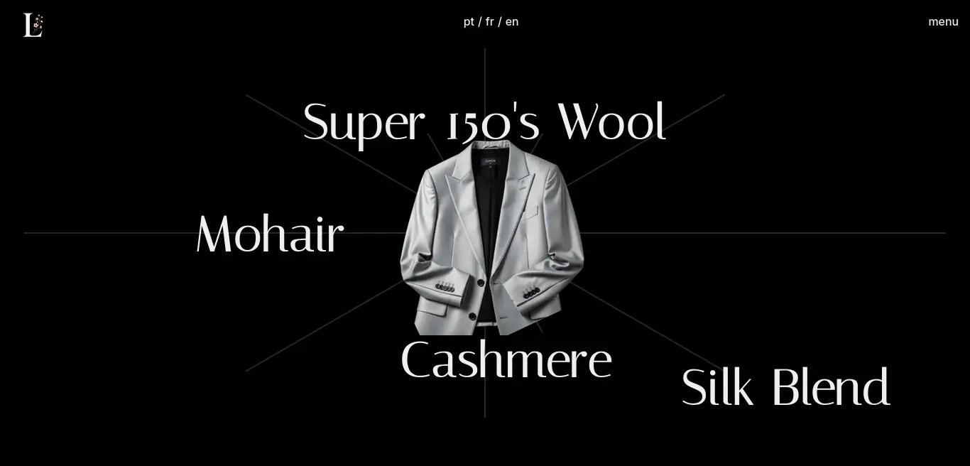 A floating silver dinner jacket isolated against a black void, centered within a technical axis. Thin, precise lines connect the garment to its noble constituents: Super 150's Wool, Mohair, Cashmere, and Silk Blend. A visual deconstruction of sartorial engineering.