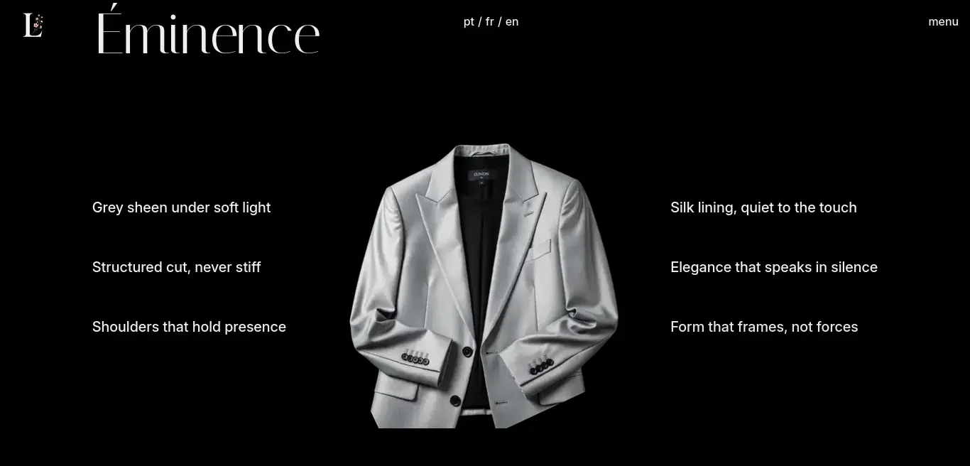 The silver dinner jacket centered in a poetic void, flanked by floating stanzas that articulate its sensory weight. Descriptors like 'Shoulders that hold presence' and 'Elegance that speaks in silence' frame the garment, transforming it from a mere object into a felt experience.