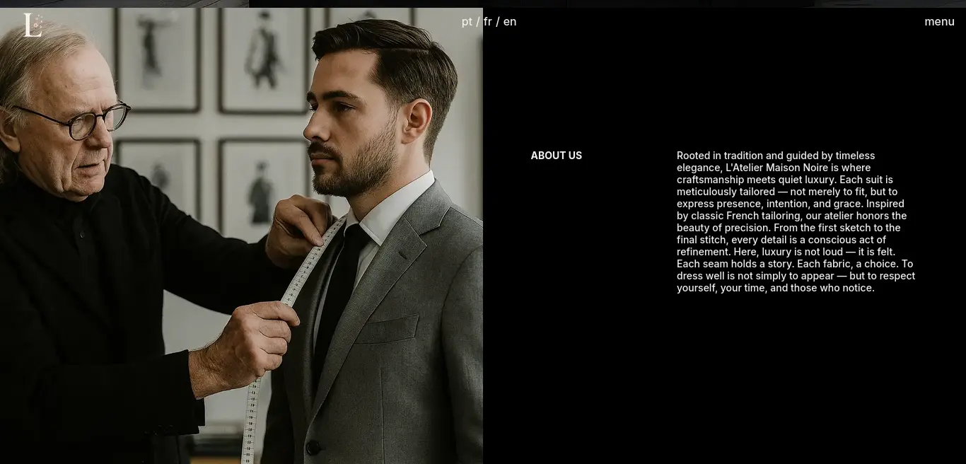 A split-screen tableau contrasting human touch with brand philosophy. On the left, an intimate atelier scene captures the quiet ritual of a master tailor adjusting a bespoke suit. On the right, the 'About Us' manifesto emerges from the black void, anchoring the visual craftsmanship in a narrative of tradition and quiet luxury.
