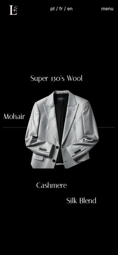 A streamlined vertical display where the silver dinner jacket anchors a cascade of noble fibers. The material composition—Super 150's Wool, Mohair, Cashmere, and Silk—is arranged in a tight, typographical hierarchy, presenting the garment's DNA in a compact, mobile-optimized format.