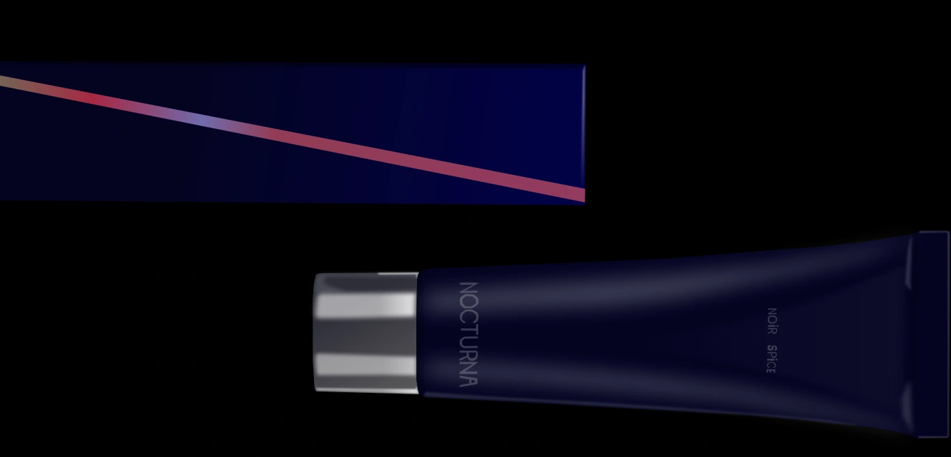 A floating product showcase suspended in a digital void. The 'Noir Spice' packaging appears as a midnight-blue monolith, sliced by a neon gradient beam. Below, the tube features a matte soft-touch finish with a precision-polished silver cap, evoking the sleek industrial design of high-end hardware.