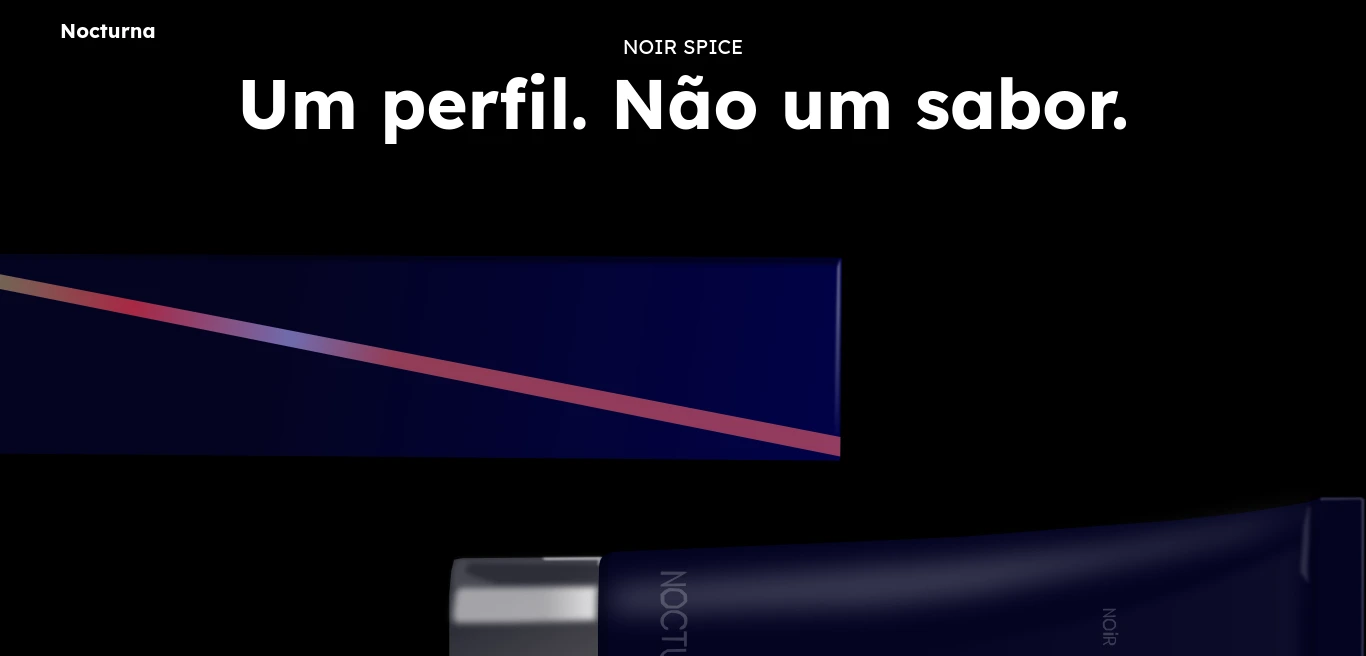 A cinematic identity statement. The headline 'Um perfil. Não um sabor.' commands the upper visual field, asserting a shift from flavor to persona. Below, the Nocturna packaging components are arranged in a wide-format architectural display, where the neon-slashed box and matte tube interact with the negative space like high-performance hardware on a showroom floor.