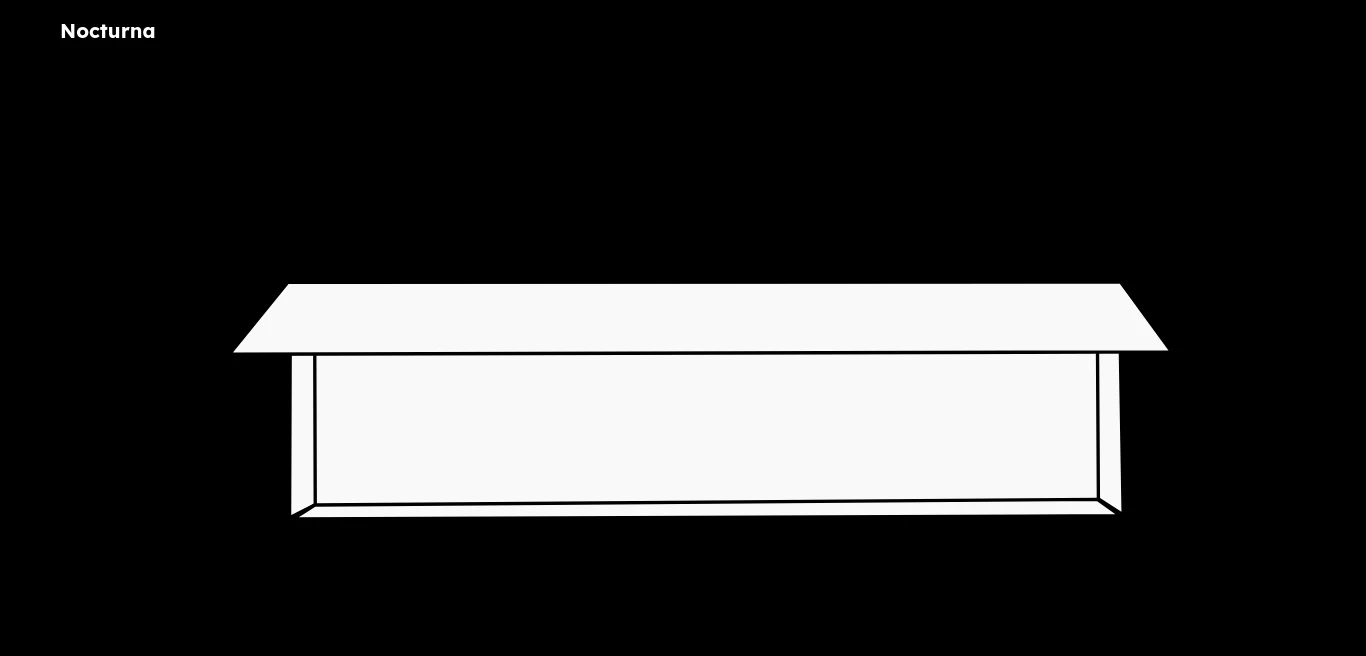 A stark white wireframe schematic of the Nocturna packaging locked in an open state. The sharp, geometric lines cut through the black void like a digital blueprint, exposing the box's internal architecture in a moment of suspended animation.