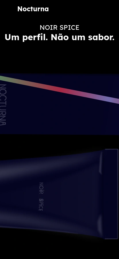 A vertical identity declaration. The headline 'Um perfil. Não um sabor.' reframes the commodity as a persona. The visual hierarchy stacks the packaging like tech components: the box's neon laser line cuts across the upper sector, while the tube rests below with the gravity of a matte-finished device.