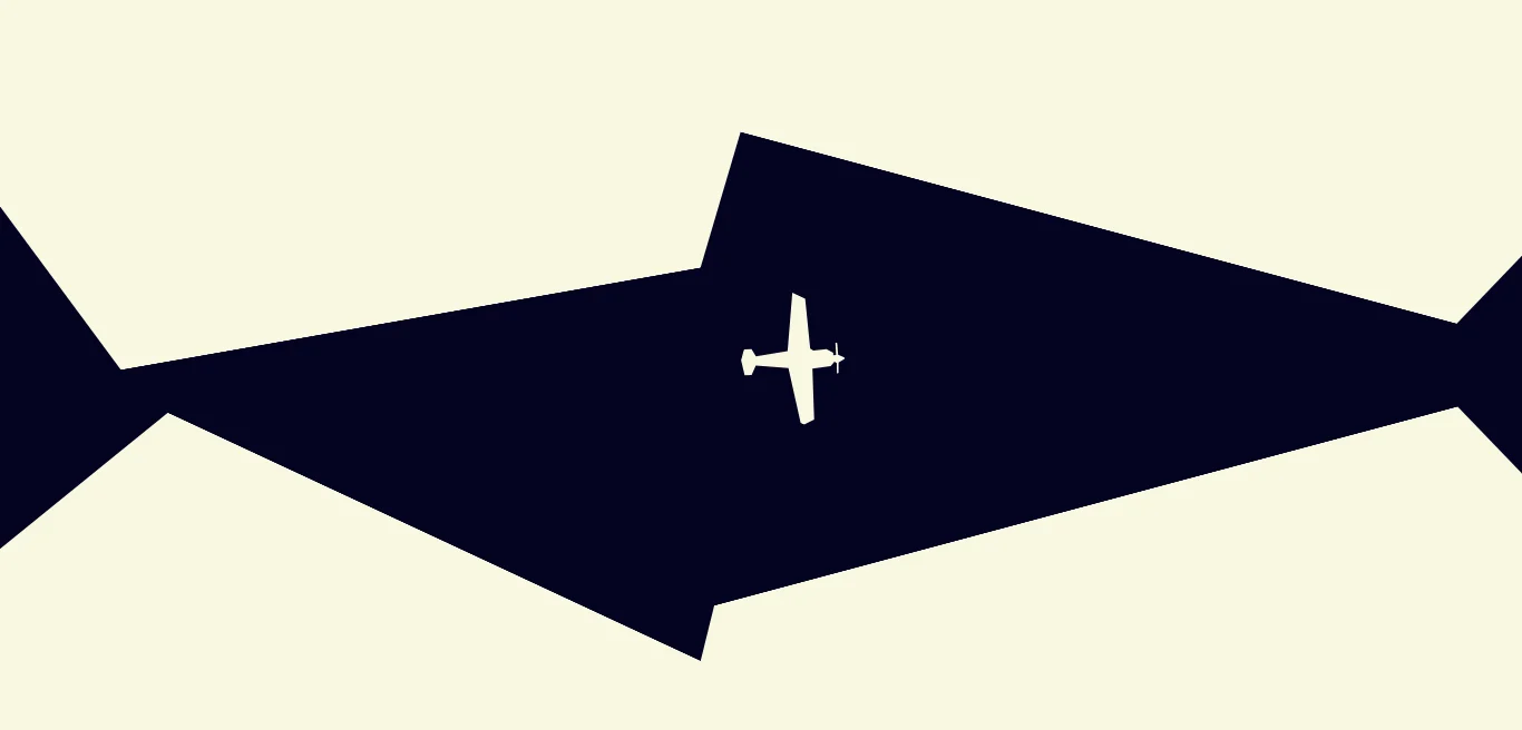 A minimalist digital illustration serving as the opening scene for the Studio JEMD website. Against a cream-colored background, sharp dark navy geometric shapes—abstract representations of buildings formed from rectangles—frame a central path. A small, white propeller plane is depicted mid-flight, crossing from left to right through the gap between the structures.