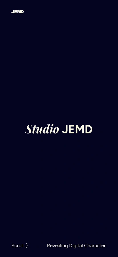A vertical mobile viewport displaying the minimalist hero section of the Studio JEMD website. The screen is filled with a deep navy blue background, centering the brand identity to maximize impact on a smaller display. 'Studio' is rendered in an elegant, cream-colored italic serif font, sitting alongside 'JEMD' in a bold, uppercase sans-serif typeface.