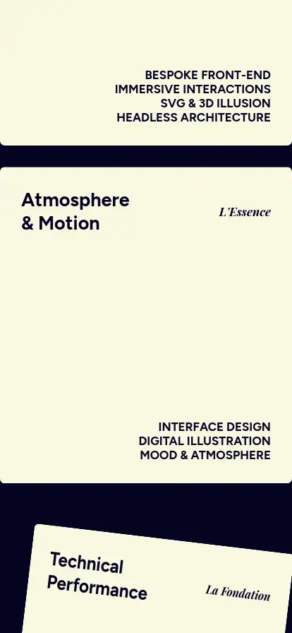A mobile view of the 'Services' section, featuring a vertical stack of cream-colored cards against a dark navy background. The layout suggests a scrolling interaction. The central card is titled 'Atmosphere & Motion' in bold text, marked with 'L'Essence' in an elegant script font in the corner, and lists capabilities like 'INTERFACE DESIGN' and 'DIGITAL ILLUSTRATION.' Above it, the bottom edge of a previous card displays technical tags such as 'BESPOKE FRONT-END' and 'HEADLESS ARCHITECTURE,' while the top of a third card, titled 'Technical Performance,' appears below.