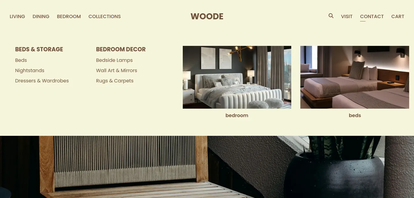 A screenshot of the Woode website header displaying an active 'Mega Menu' interaction. Under the selected 'Bedroom' category, a dropdown panel expands over a cream background. It features a structured layout with two columns of text links for subcategories like 'Beds & Storage' and 'Bedroom Decor', paired with two visual navigation cards showing high-end interior photos of modern bedrooms, labeled 'bedroom' and 'beds' to guide the user.