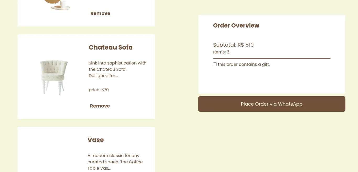 A screenshot of the Woode website shopping cart page, featuring a minimalist vertical list of products on the left, such as the 'Chateau Sofa' and 'Vase'. Each item includes a thumbnail image, a brief description, price, and a 'Remove' link. On the right, a floating 'Order Overview' panel summarizes the purchase with a subtotal of R$ 510, item count, and a gift checkbox, anchored by a prominent brown button labeled 'Place Order via WhatsApp'.