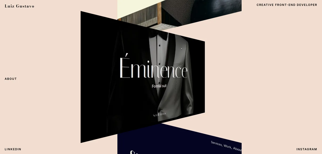 Homepage of the portfolio website for Luiz Gustavo, Creative Front-End Developer. The design features a beige background with minimal typography in the corners. In the center, a 3D perspective carousel displays floating cards; the main card is black with a white blazer hanging in the center and thin geometric lines radiating outward.
