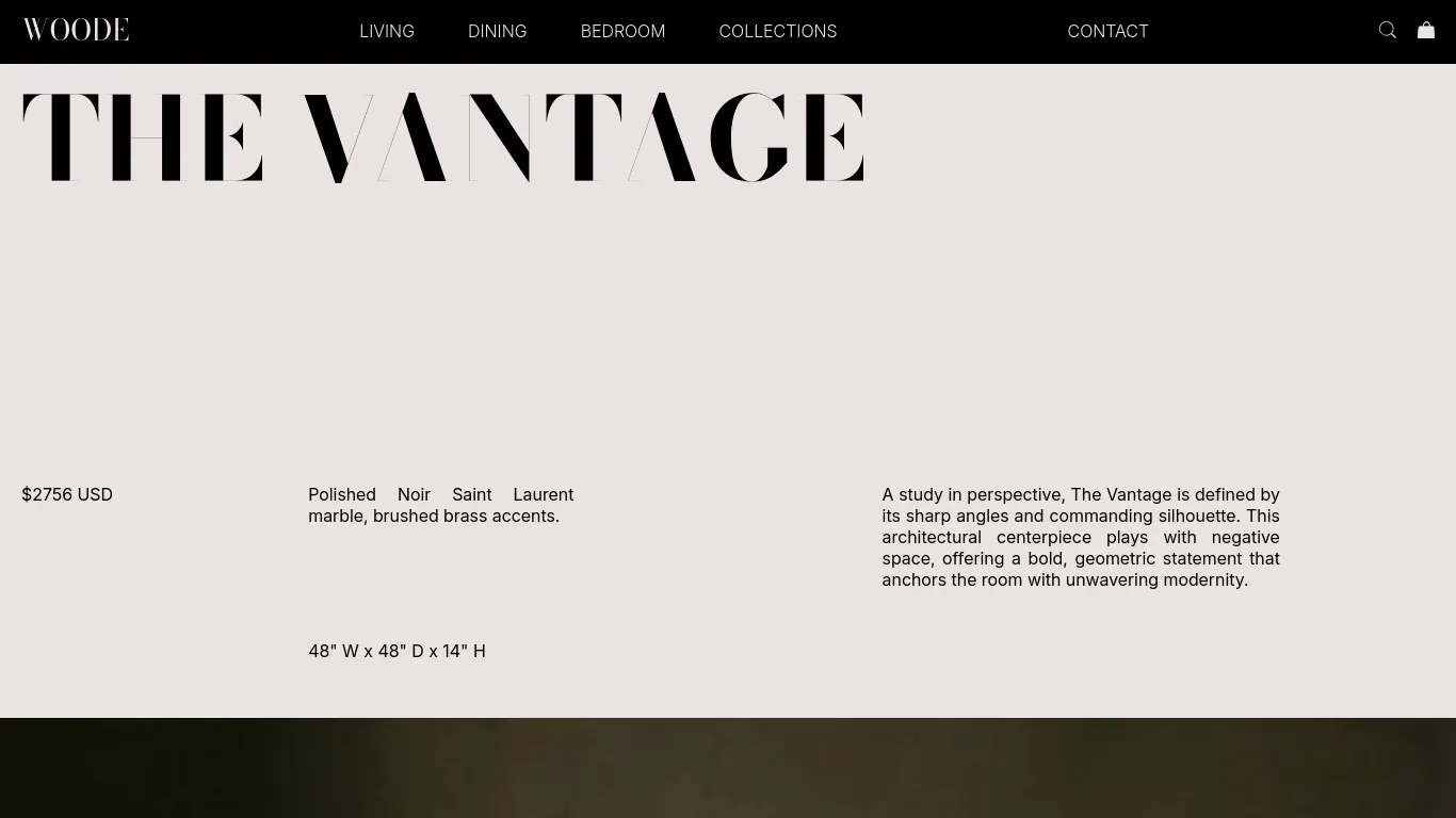 A typography-focused luxury product page hero for 'The Vantage' featuring expansive negative space and museum-style text detailing the price, materials, and description.