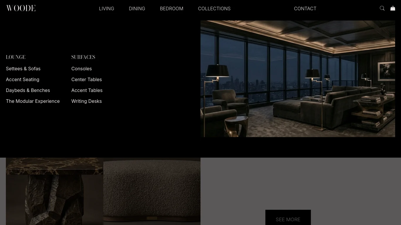 A dark, luxurious full-screen website menu featuring luxury serif typography, minimal utility links, and a dark, atmospheric background.