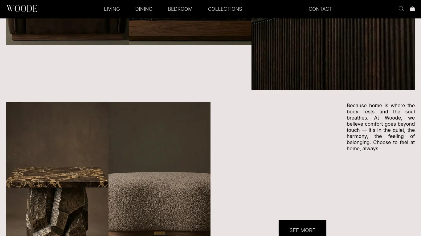 A sophisticated, asymmetrical web layout for 'The Edit' featuring minimalist typography and five editorial-style photos of luxury, modern furniture.
