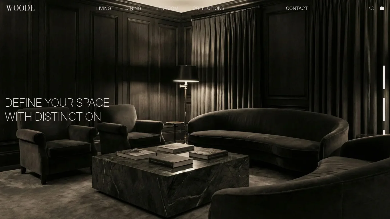 The homepage hero section of the my Woode website. Minimalist, thin white text reading 'DEFINE YOUR SPACE WITH DISTINCTION' overlays a moody, dimly lit luxury sitting room. The background features dark wood paneling, plush velvet seating, and a heavy marble coffee table, softly illuminated by a solitary brass floor lamp to establish a deeply sophisticated, intimate atmosphere.