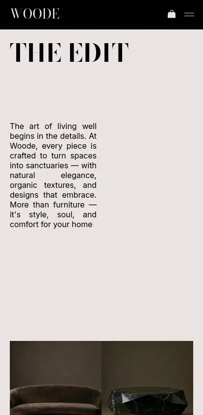 A clean, typographic mobile layout introducing 'The Edit' section, featuring brand copy and a cropped preview of dark luxury furniture below.