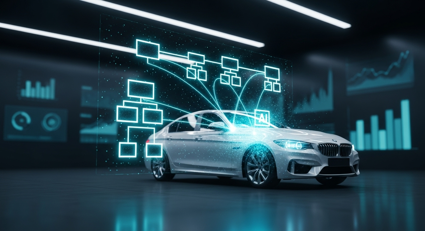 A silver BMW sedan in a futuristic setting with a glowing blue holographic flowchart connected to an AI symbol on its hood, surrounded by data visualizations.