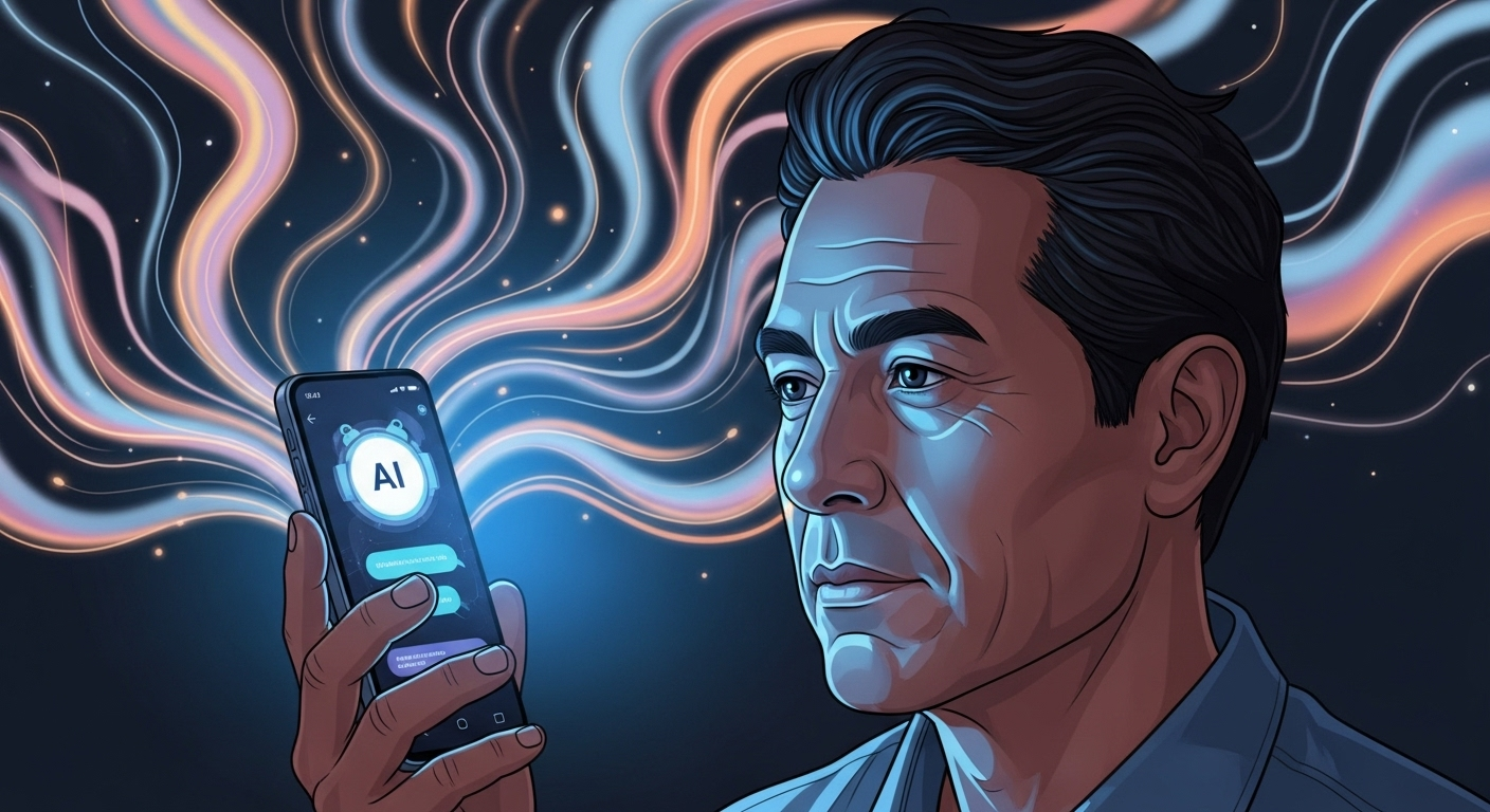 An illustration of a man looking at a smartphone with an AI chatbot application open. His face is lit by the screen's blue glow, and vibrant, wavy lines of blue and orange light emanate from the phone, swirling around him against a dark, starry background.