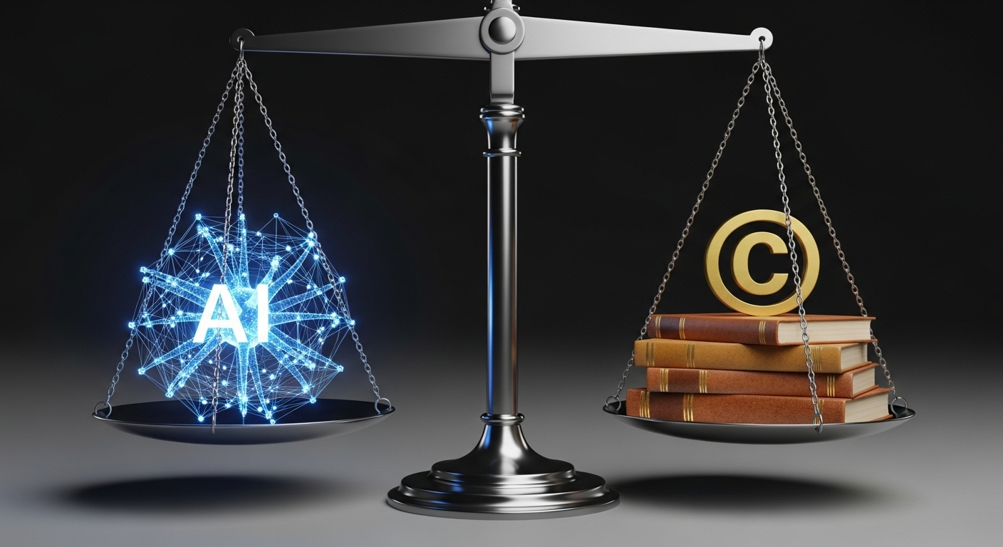 A silver scale of justice is perfectly balanced, with a glowing blue AI emblem on one side and a stack of books with a golden copyright symbol on the other.