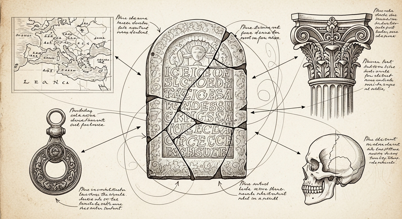 Ancient inscriptions being analyzed with AI technology, symbolizing the Aeneas model's role in historical research.