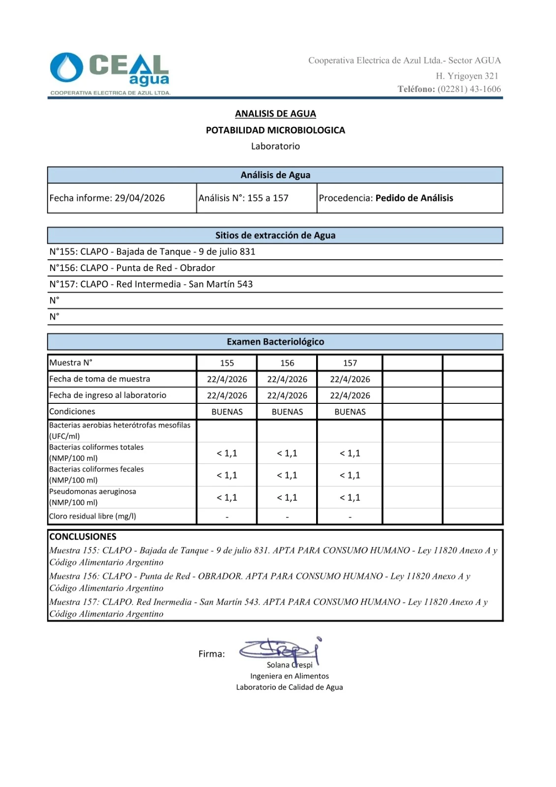 Resultado análisis bacteriológico de agua potable