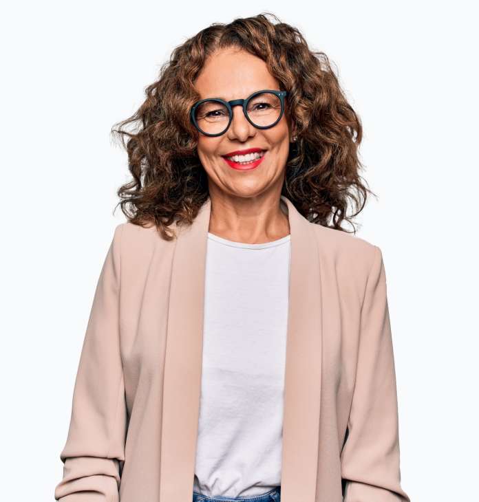 Older woman with glasses smiling