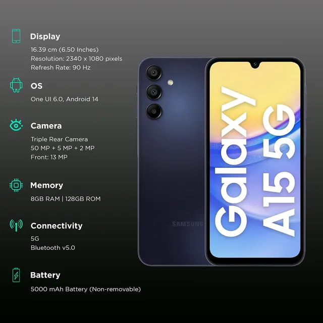 Samsung Galaxy A15 5G | Blue | Black 8GB RAM| 128GB| Android 14 with One UI 6.0| 6.5-Inch Super AMOLED Display| 5000mAh Battery with 25W Super Fast Charging