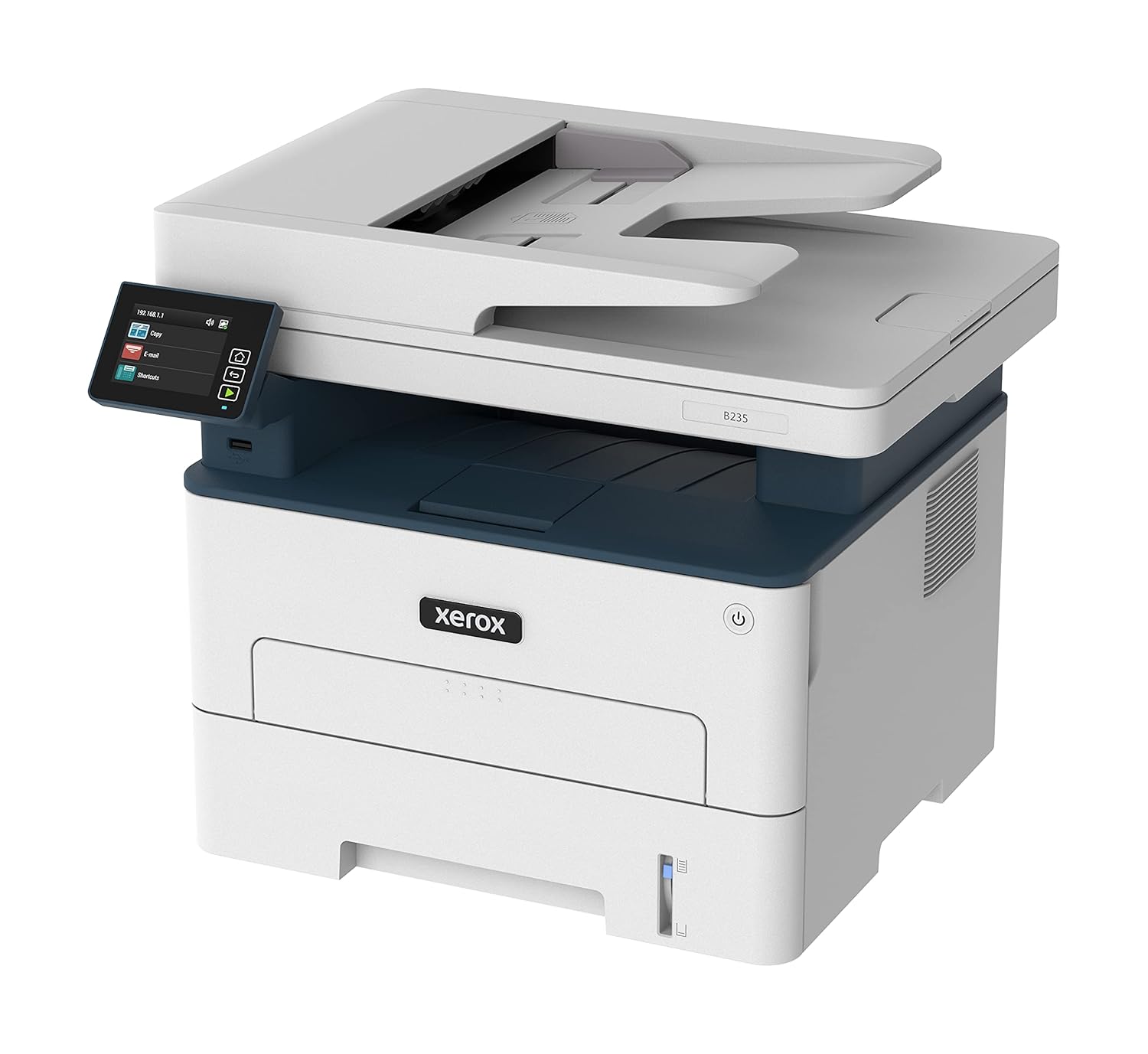 XEROX B235/DNI - Multifunction - Laser - Monochrome - Print, copy, scan, fax - Ethernet 10/100Base-TX,IEEE 802.11b/g/n,USB 2.0 - Up to 36 B&W ppm Letter/34 B&W ppm A4 - As fast as 6.2 seconds (black and white) - 600 dpi x 600 dpi - 2.8Inch - Touch Screen - Dual Core - 1GHz - Tray (Main tray): 250 sheets; Tray (Manual feed slot): 1 sheets - Flatbed Scanner
