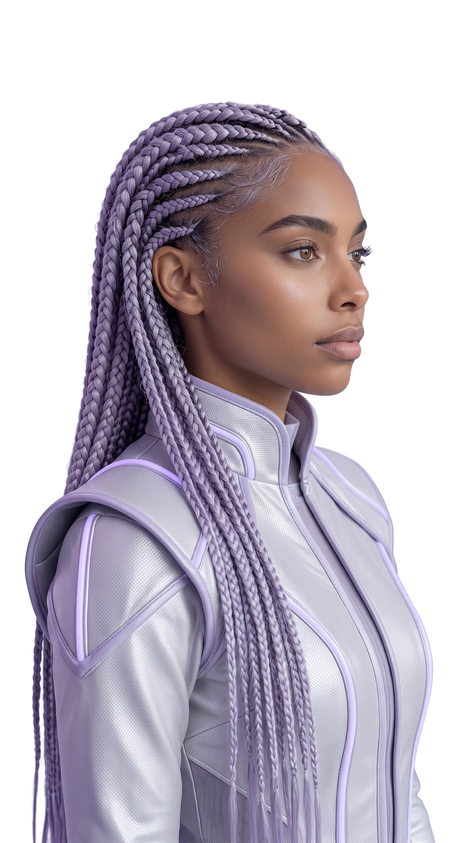 Stylist with long lavender braids