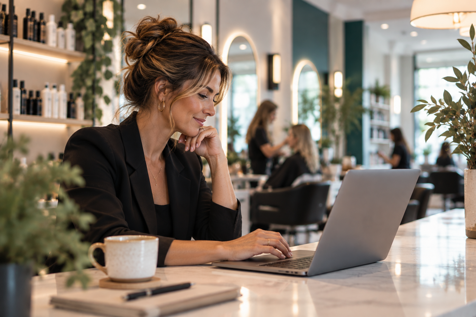 Salon owner working at a laptop in a modern salon