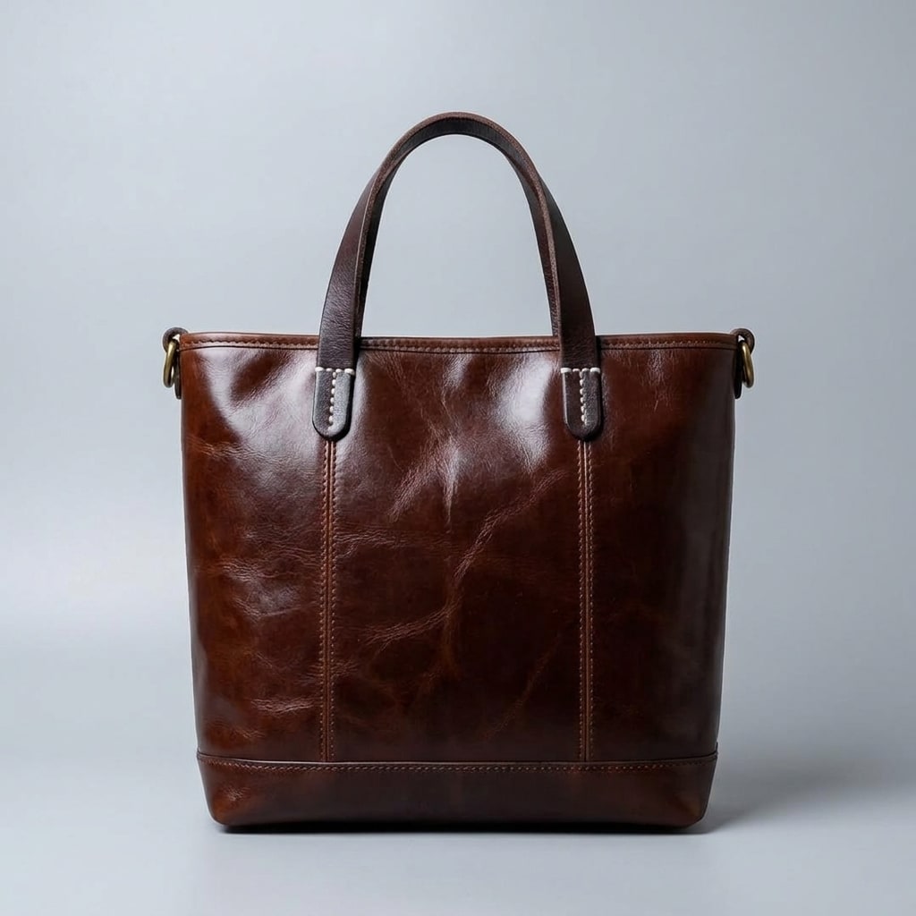 Handcrafted Dark Brown Leather Tote view 1