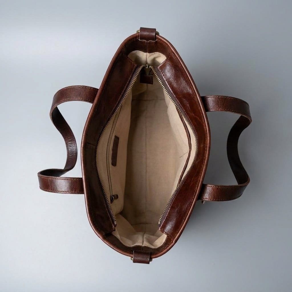 Handcrafted Dark Brown Leather Tote view 2