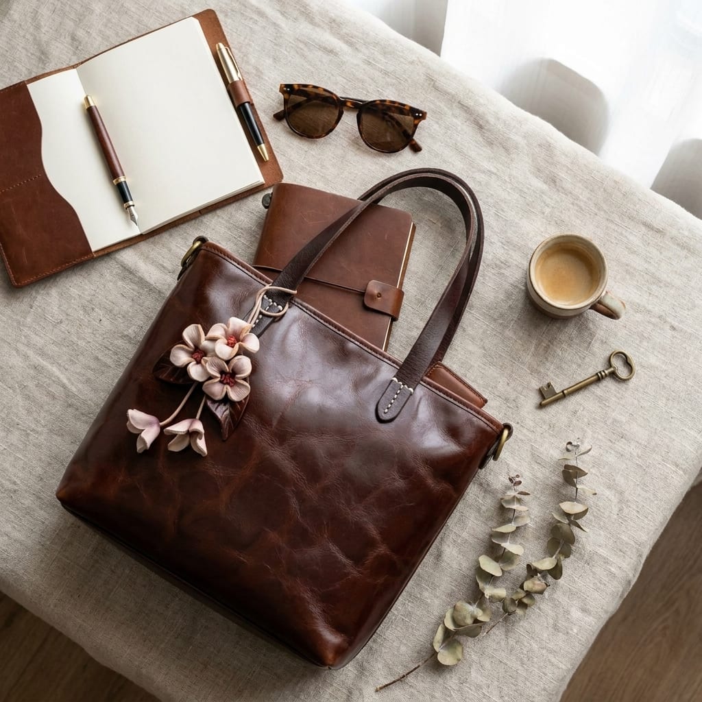 Handcrafted Dark Brown Leather Tote view 5
