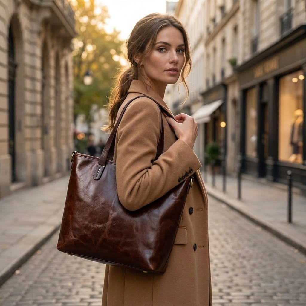 Handcrafted Dark Brown Leather Tote view 6