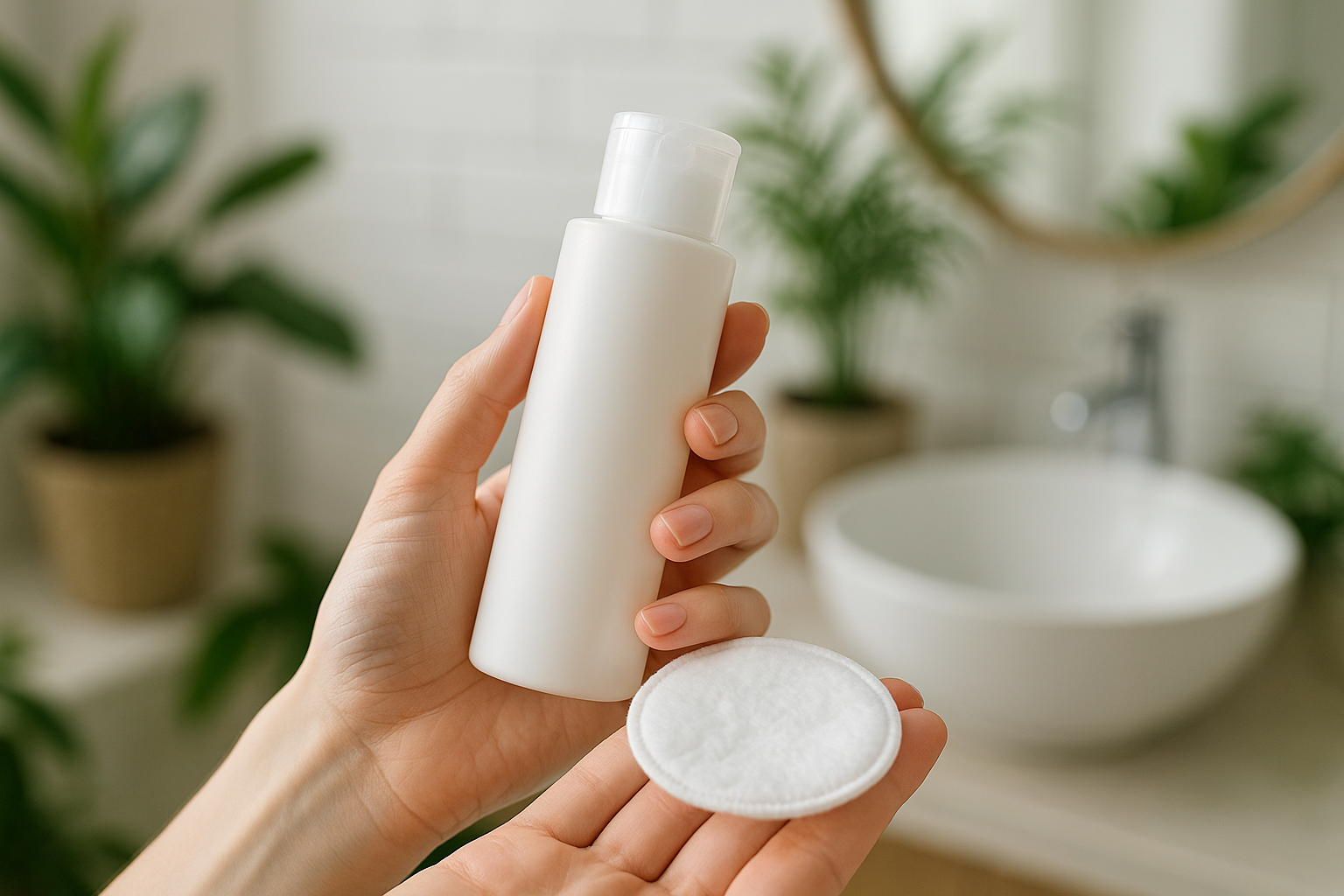 alt_text : Main féminine avec toner, coton prêt, ambiance douce et pureté. Salle de bain zen et verdoyante.