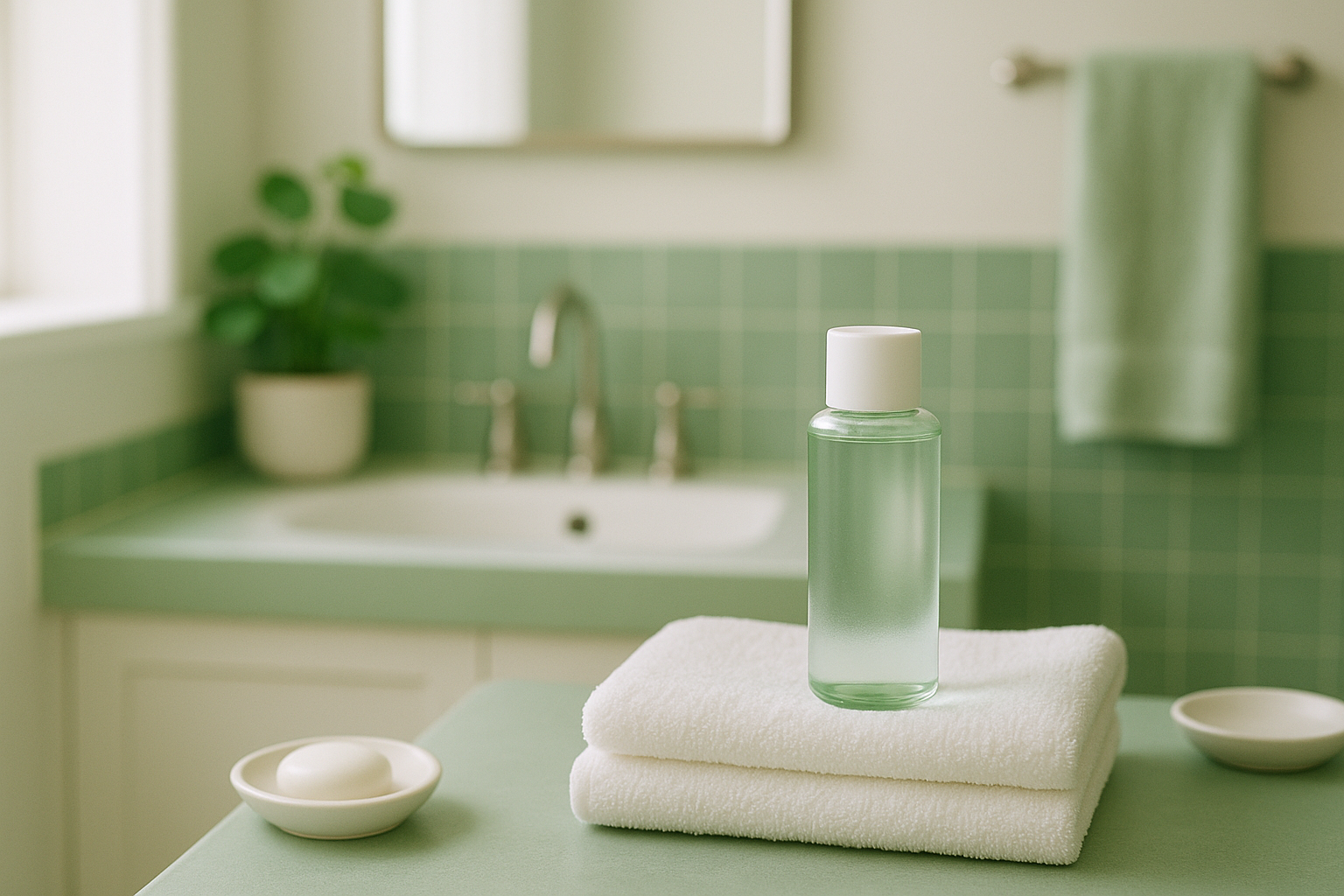 Salle de bain lumineuse et apaisante avec des tons verts et blancs, dédiée au skincare coréen.