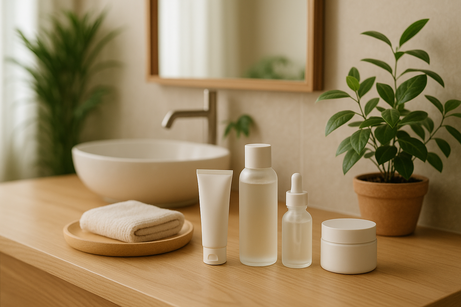 alt_text : Salle de bain moderne minimaliste avec soins coréens, bois naturel, plantes, et lumière apaisante.