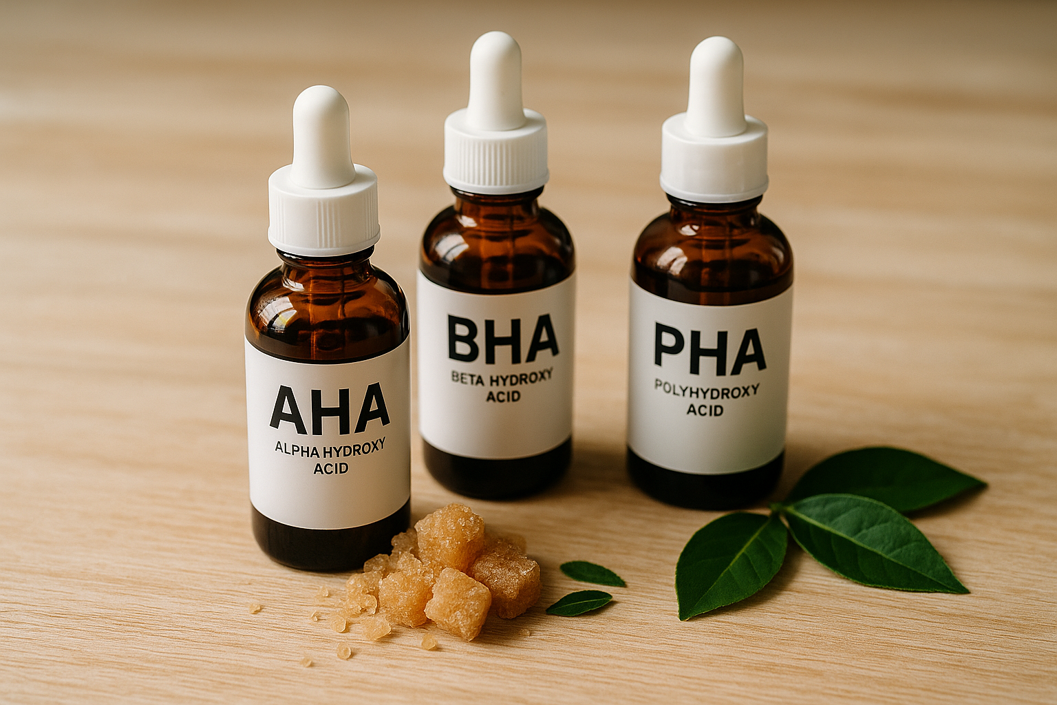 alt_text : Flacons d'exfoliants AHA, BHA, PHA sur bois clair, avec sucre et feuilles de thé pour un soin doux.