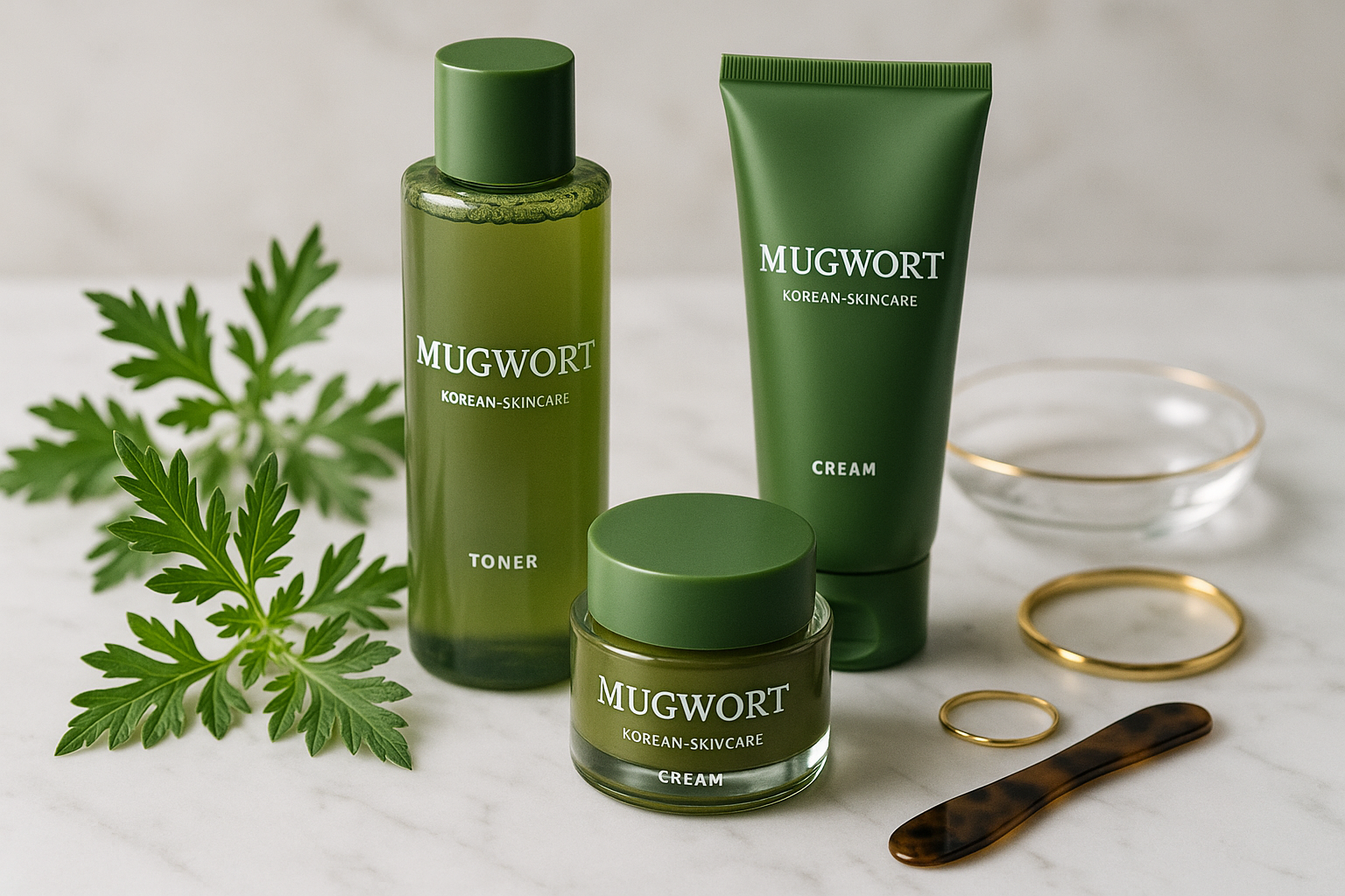 Produits de soins coréens au mugwort sur marbre blanc, accompagnés d'armoise fraîche et accessoires chics.