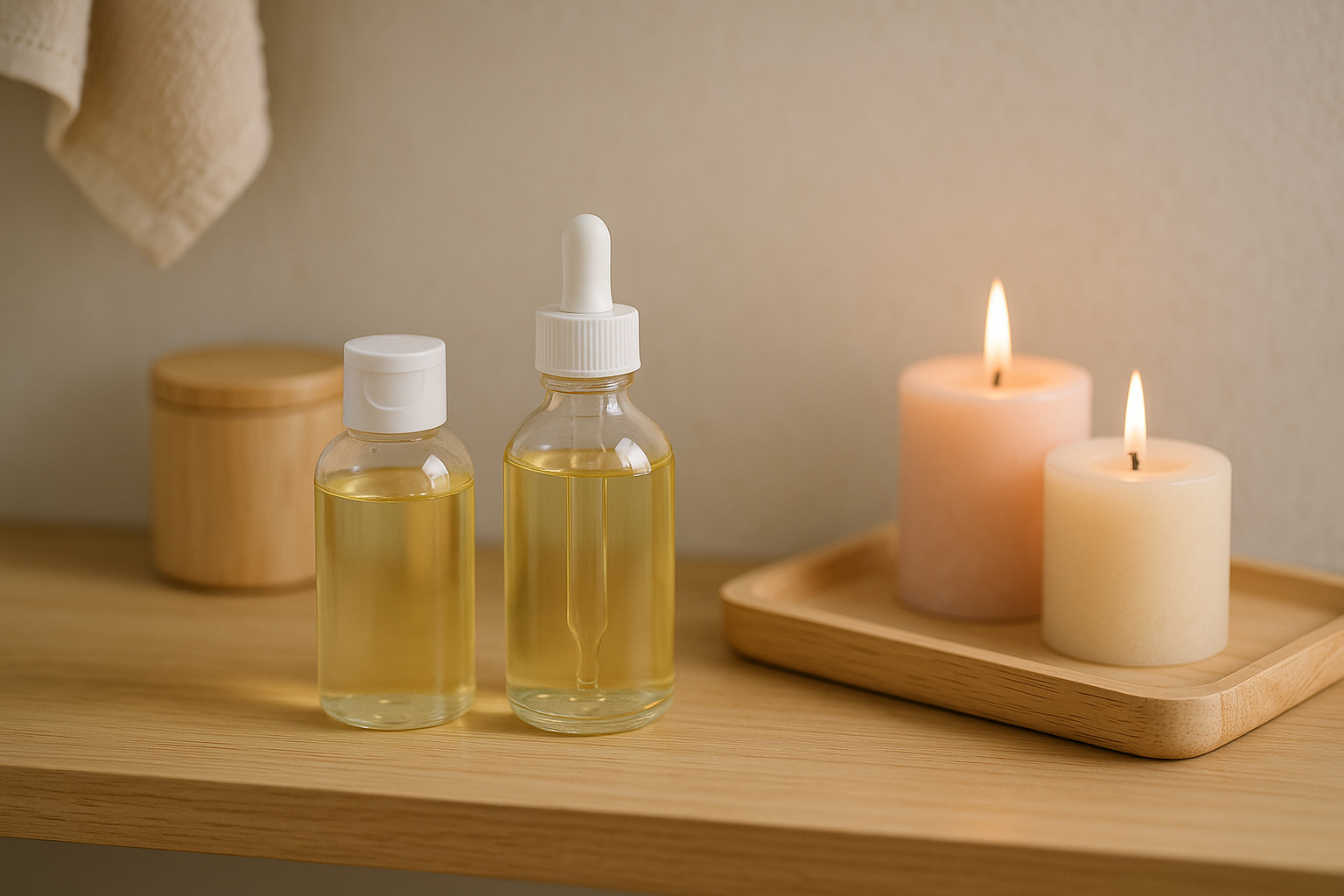 Salle de bain minimaliste avec flacons translucides, bougies pastel, et accents de bois clair.