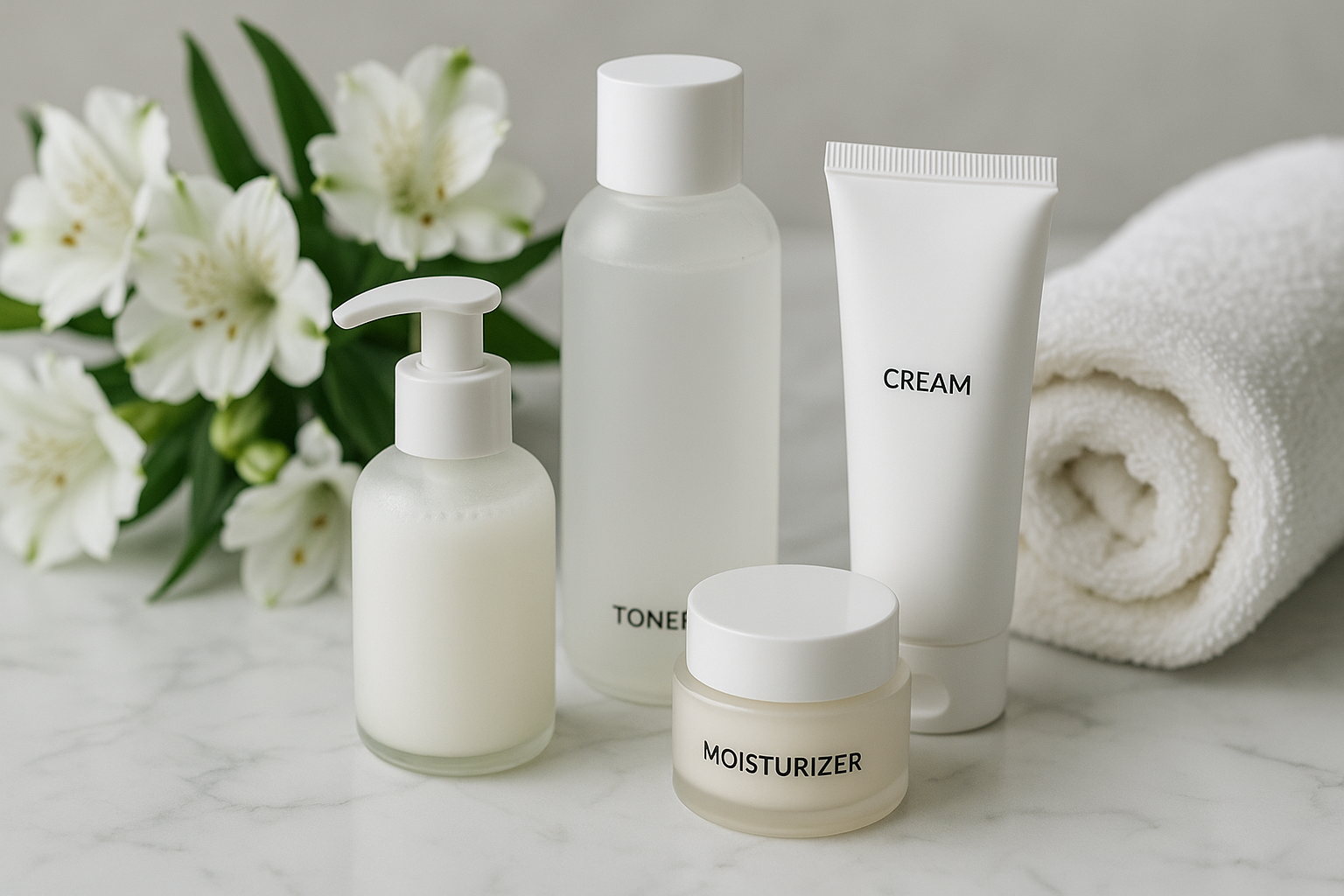alt_text : Produits de soins coréens sur marbre blanc avec fleurs et serviettes évoquant pureté et confort.