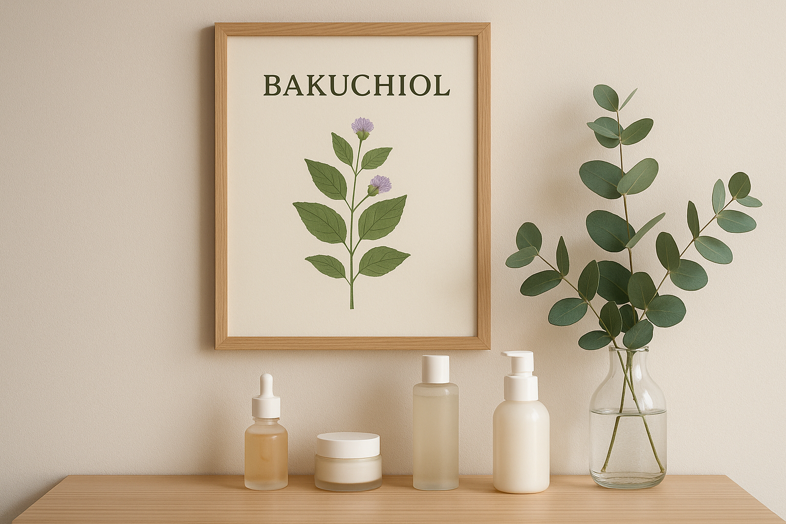 alt_text : Coiffeuse minimaliste avec soins coréens et eucalyptus, affiche apaisante 'Bakuchiol'.