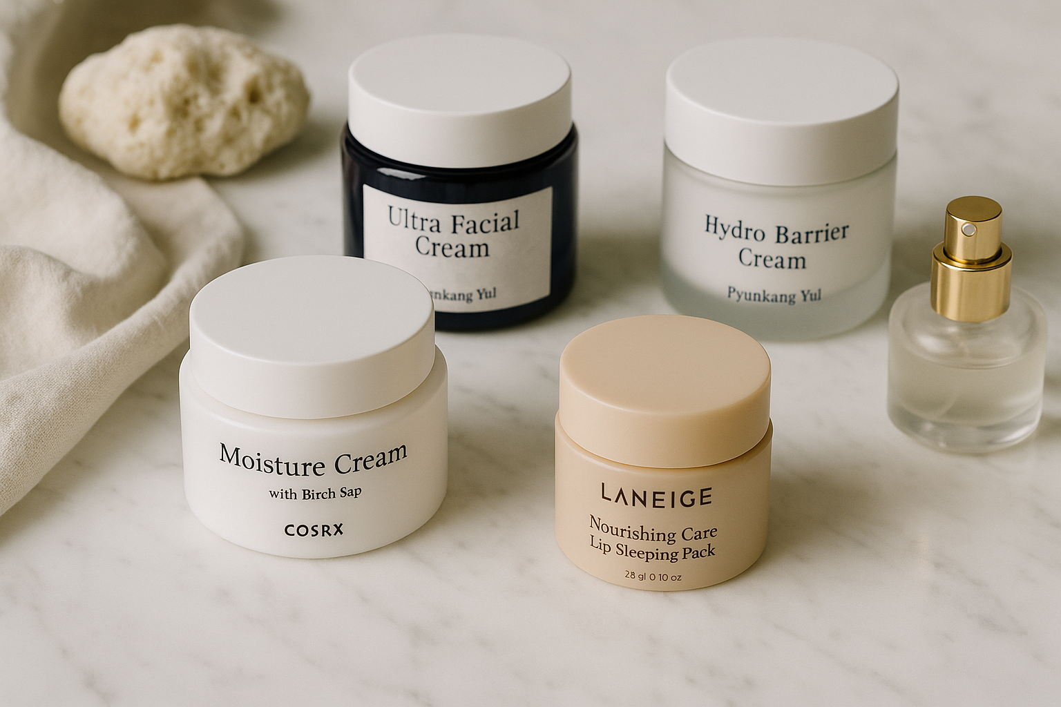 alt_text : Crèmes coréennes sur marbre blanc, accessoires élégants, étiquettes lisibles, ambiance pure et naturelle.
