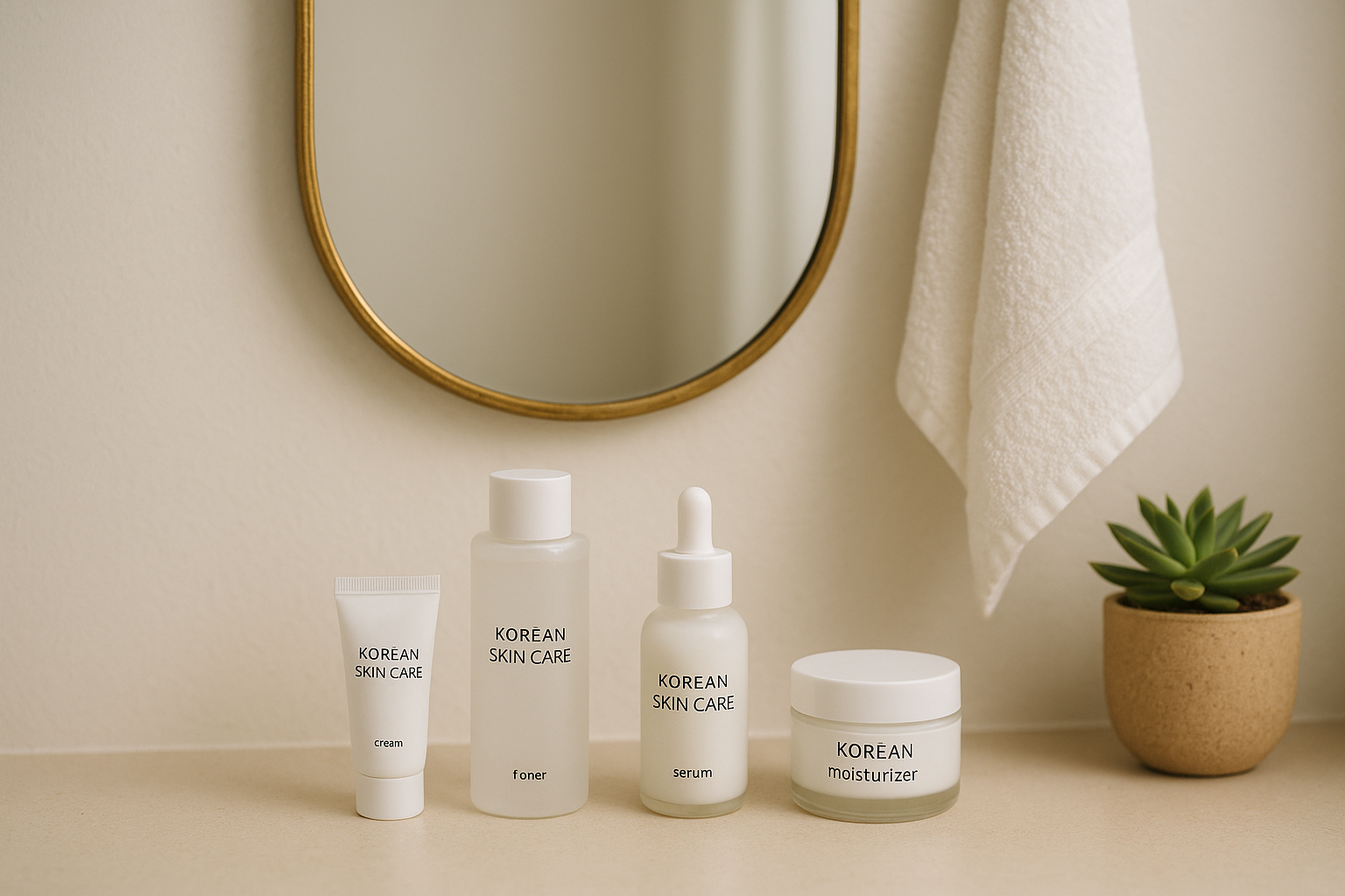 alt_text : Salle de bain minimaliste avec soins coréens, miroir doré, serviette blanche et plante grasse.
