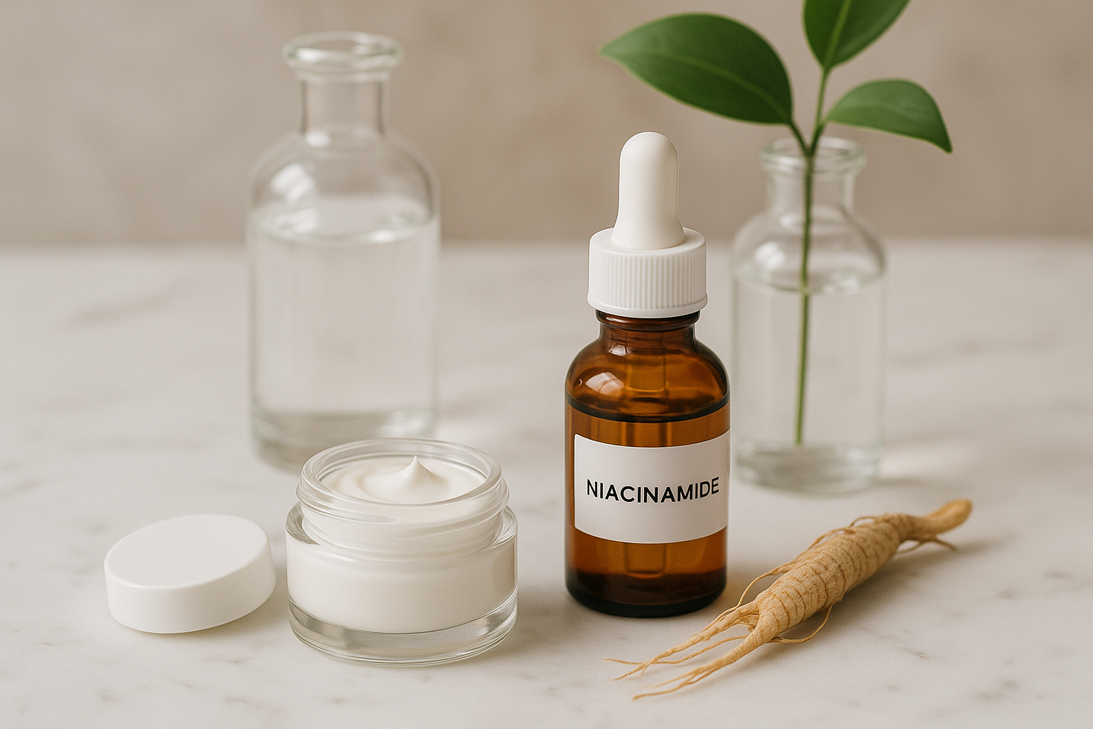 alt_text : Produits de soin yeux sur marbre blanc avec accessoires en verre, ginseng, niacinamide et plante.