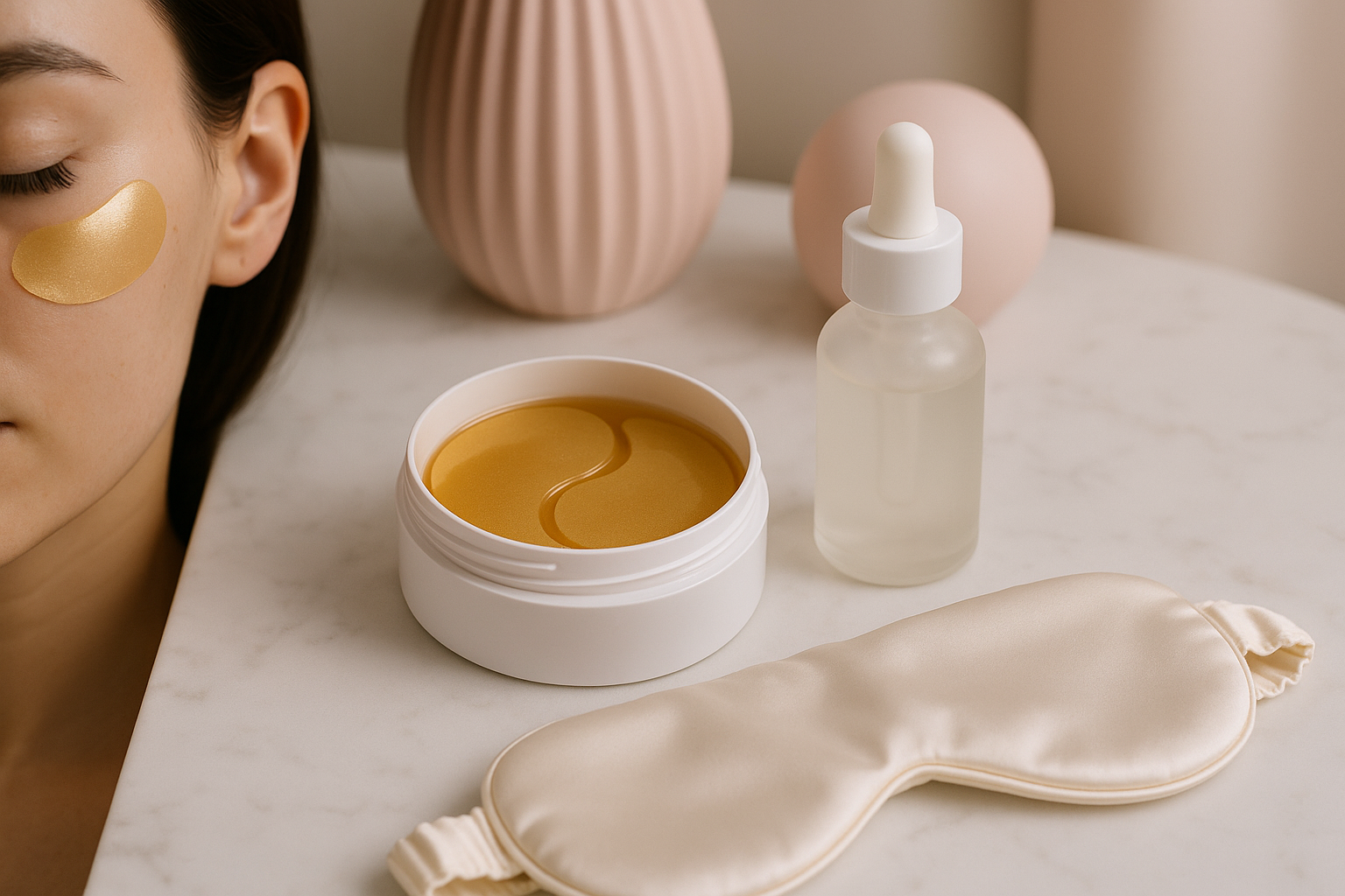 alt_text : « Espace beauté moderne et chic : patch hydrogel, sérum, masque soie et déco pastel élégante. »