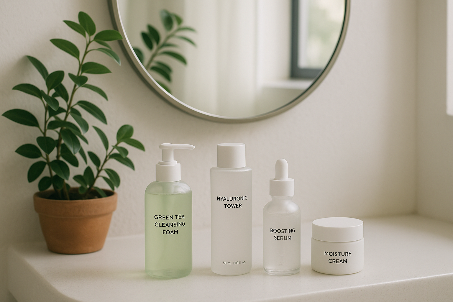 Salle de bain minimaliste, lumière naturelle, produits skincare coréens, verdure, miroir rond.