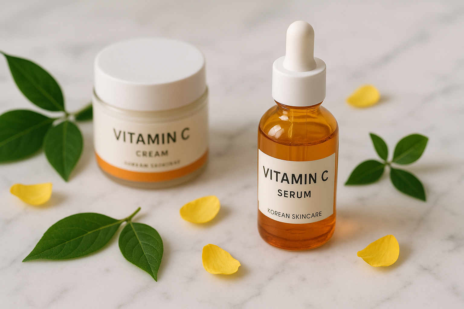 alt_text : Produits de soins coréens avec Vitamine C sur marbre blanc, décorés de feuilles et pétales.