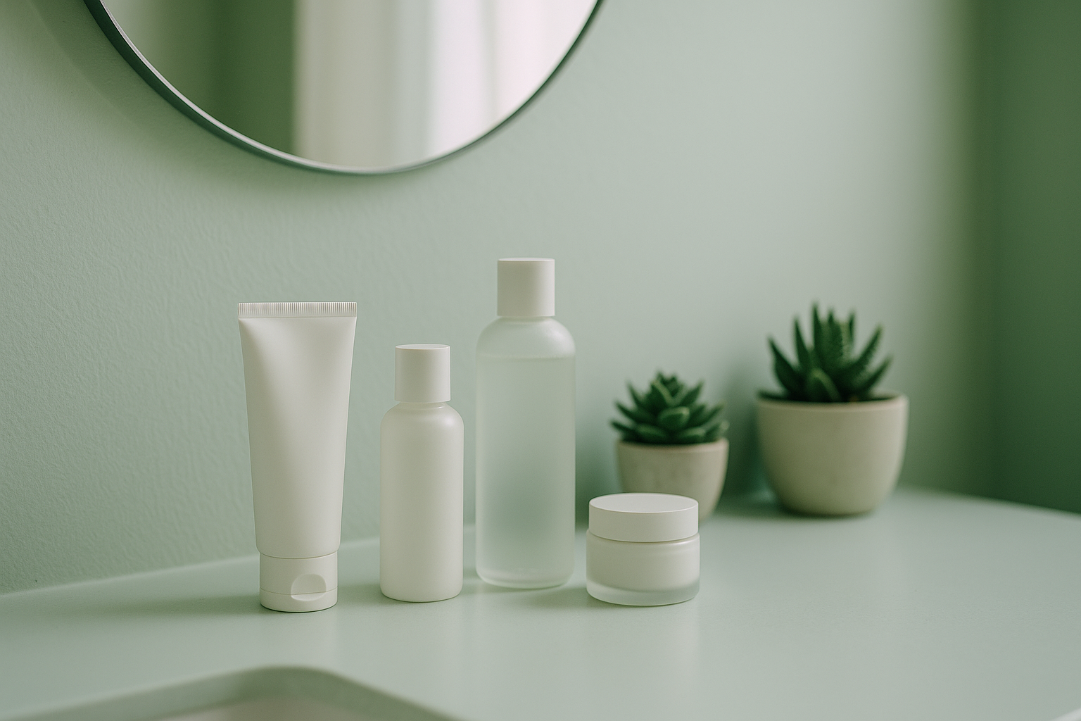 alt_text : Espace de toilette minimaliste, vert menthe, produits skincare coréens, lumière douce et succulentes.