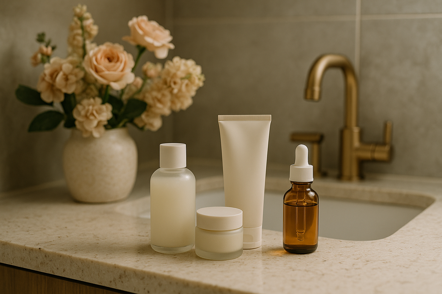 Salle de bain moderne avec produits de skincare, tons crème/gris/or, lumière douce et fleurs pastel.