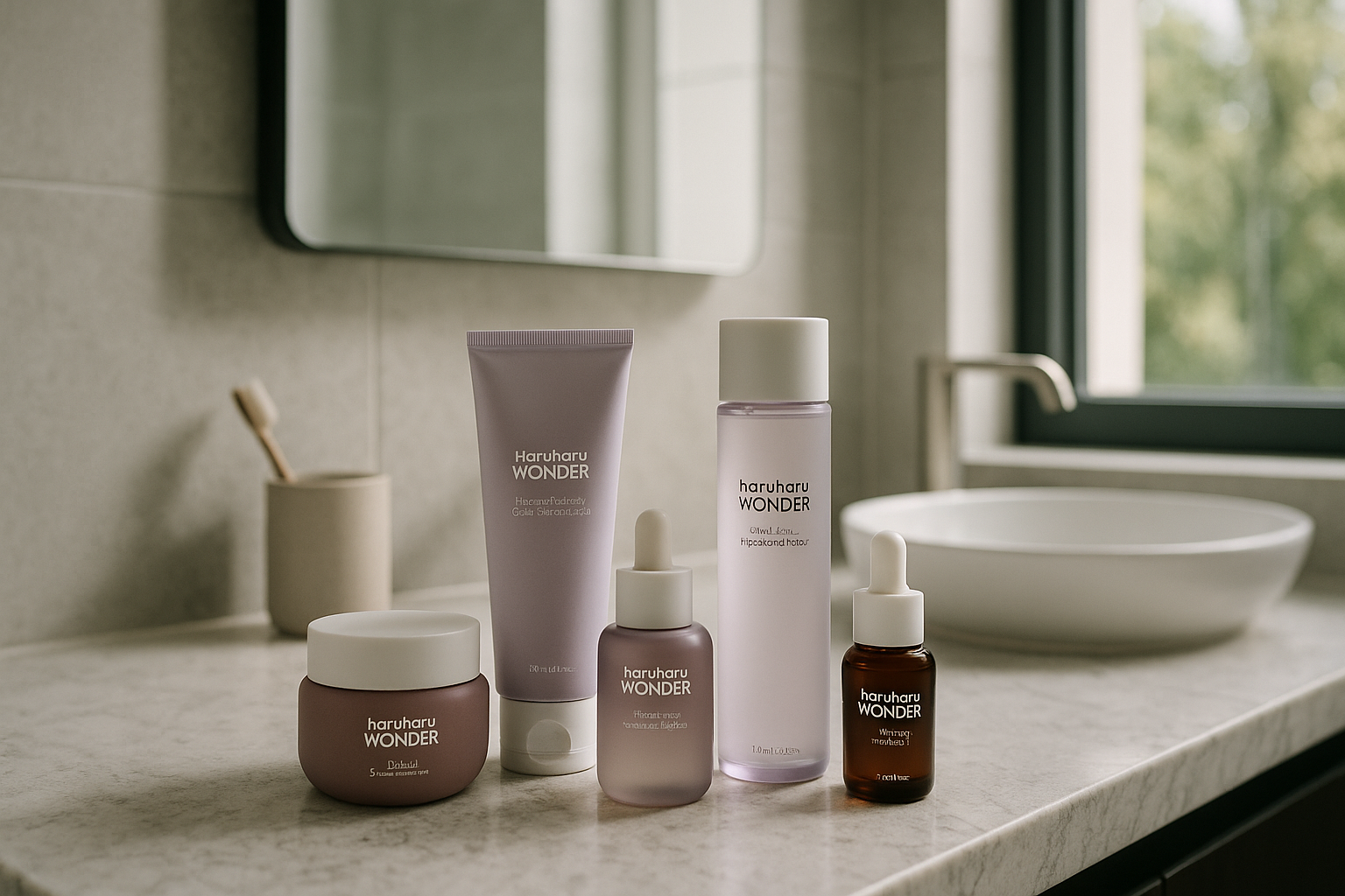 alt_text : Salle de bain moderne et minimaliste, produits Haruharu Wonder sur comptoir marbre, lumière naturelle.